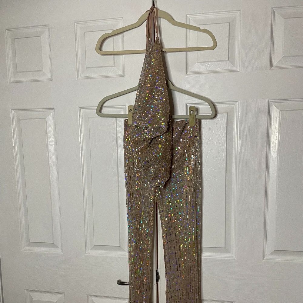 Sequins Top & Flare Leg Pants Set